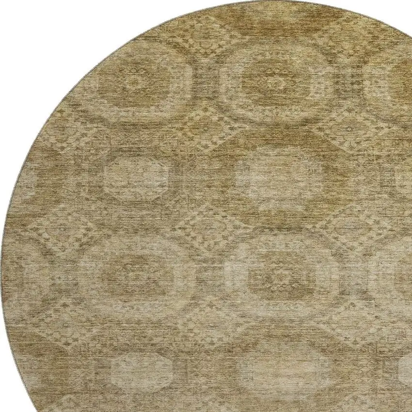 8' Brown And Beige Abstract Geometric Washable Round Rug With UV Protection Photo 3