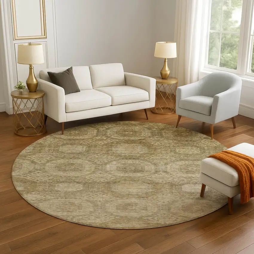 8' Brown And Beige Abstract Geometric Washable Round Rug With UV Protection Photo 5