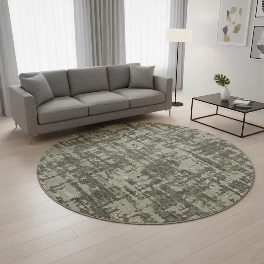 8' Brown And Beige Abstract Washable Round Rug With UV Protection Photo 1