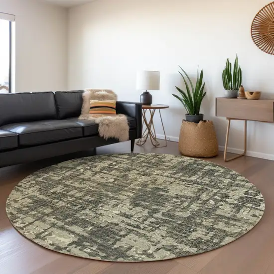 8' Brown And Beige Abstract Washable Round Rug With UV Protection Photo 5