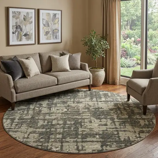 8' Brown And Beige Abstract Distressed Washable Round Rug With UV Protection Photo 1