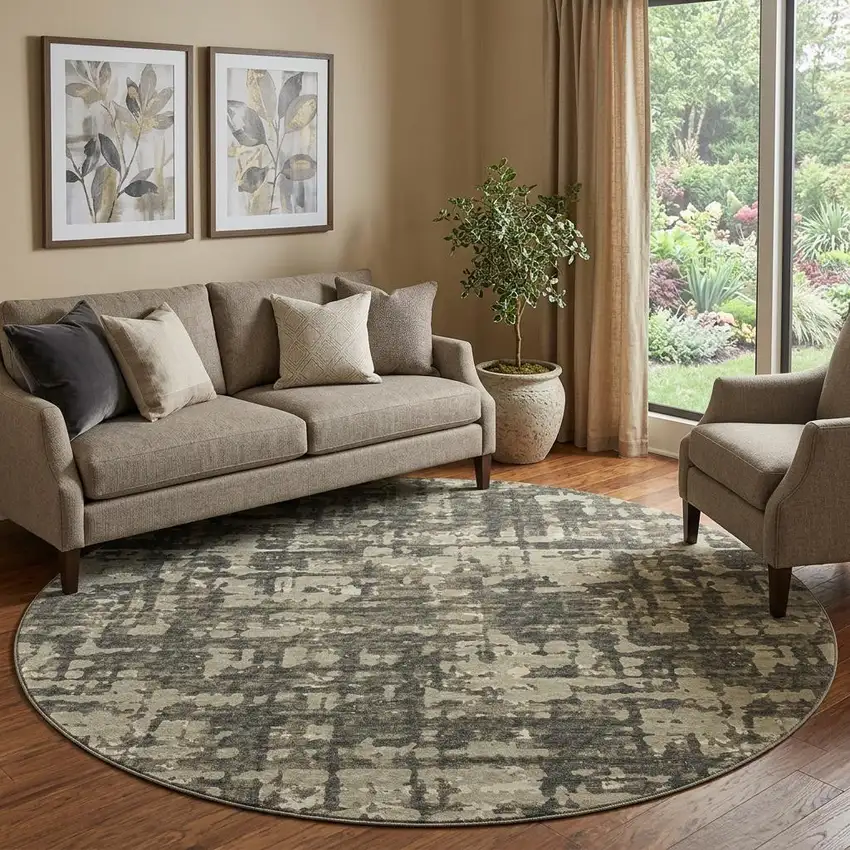 8' Brown And Beige Abstract Distressed Washable Round Rug With UV Protection Photo 1