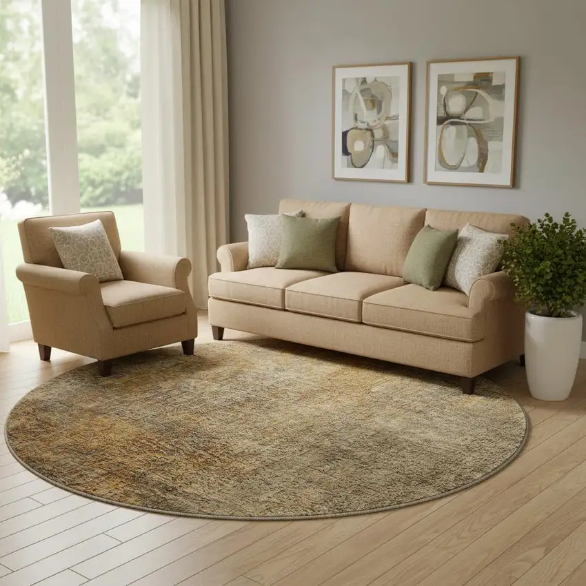 8' Brown And Beige Abstract Washable Round Rug With UV Protection Photo 1