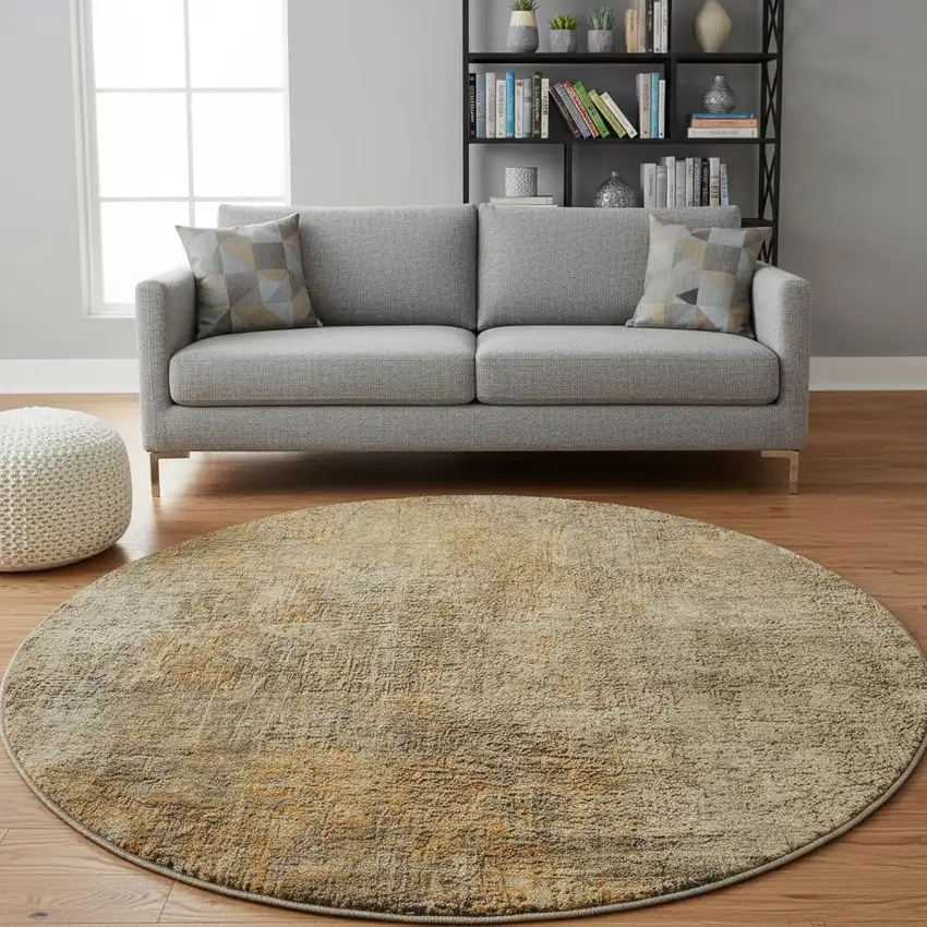 8' Brown And Beige Abstract Washable Round Rug With UV Protection Photo 2