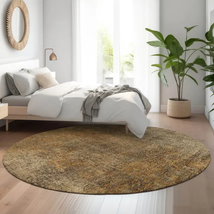 8' Brown And Beige Abstract Washable Round Rug With UV Protection Photo 4