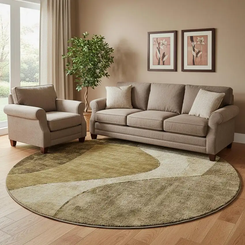 8' Brown And Beige Abstract Washable Round Rug With UV Protection Photo 1