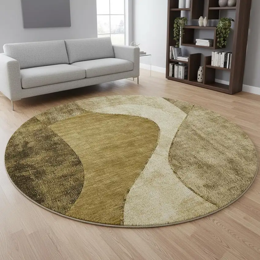 8' Brown And Beige Abstract Washable Round Rug With UV Protection Photo 2