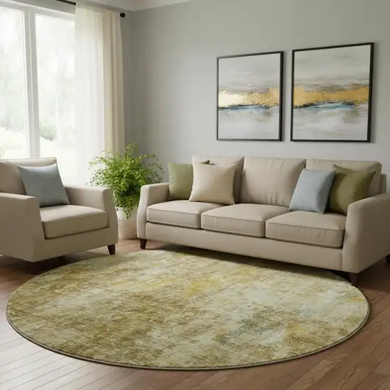 8' Brown And Beige Abstract Washable Round Rug With UV Protection Photo 1