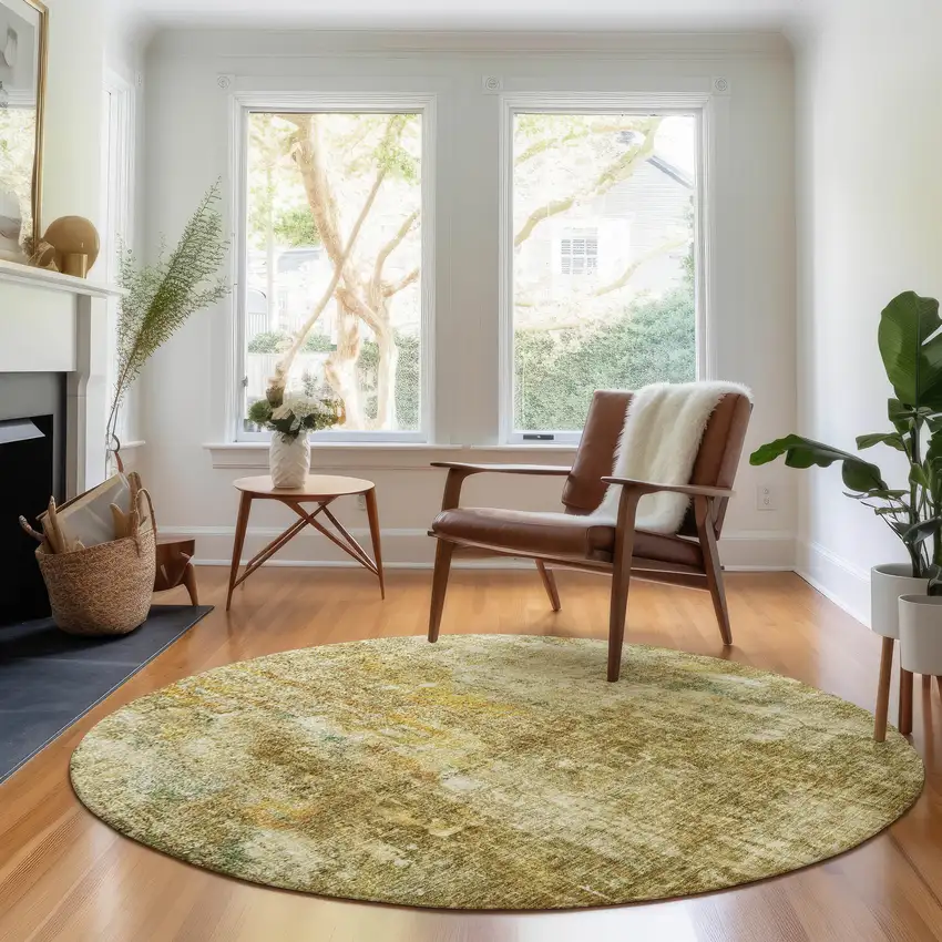 8' Brown And Beige Abstract Washable Round Rug With UV Protection Photo 4