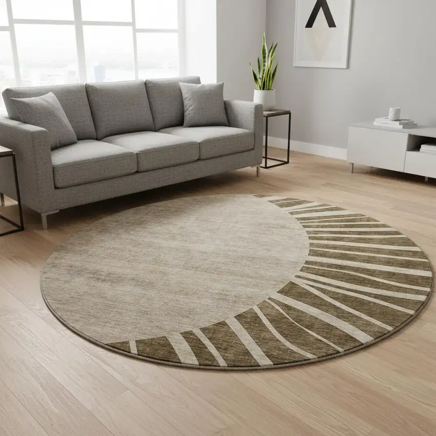 8' Brown And Beige Abstract Washable Round Rug With UV Protection Photo 2