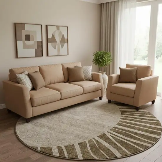 8' Brown And Beige Abstract Washable Round Rug With UV Protection Photo 1