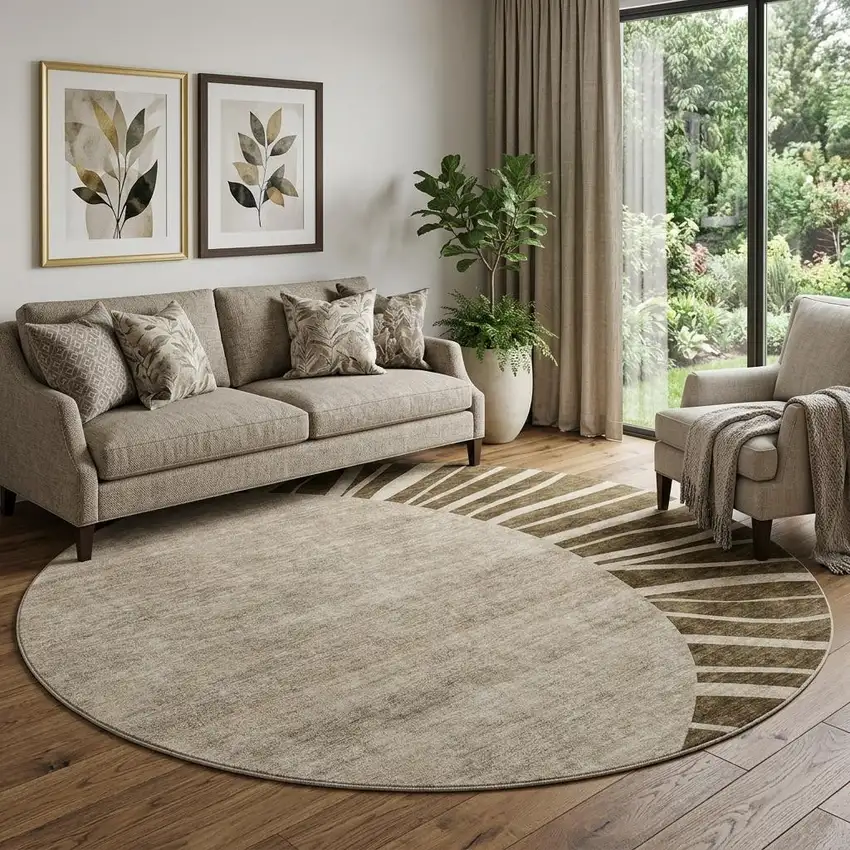 8' Brown And Beige Abstract Washable Round Rug With UV Protection Photo 1