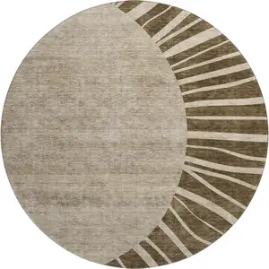 Photo of 8' Brown And Beige Abstract Washable Round Rug With UV Protection