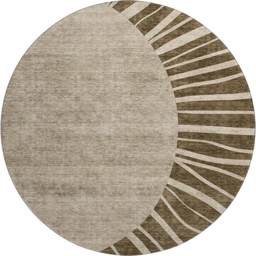 8' Brown And Beige Abstract Washable Round Rug With UV Protection Photo 1