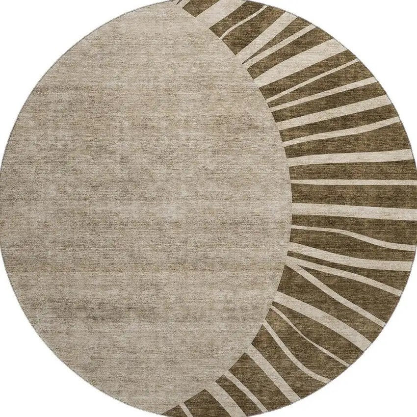 8' Brown And Beige Abstract Washable Round Rug With UV Protection Photo 4