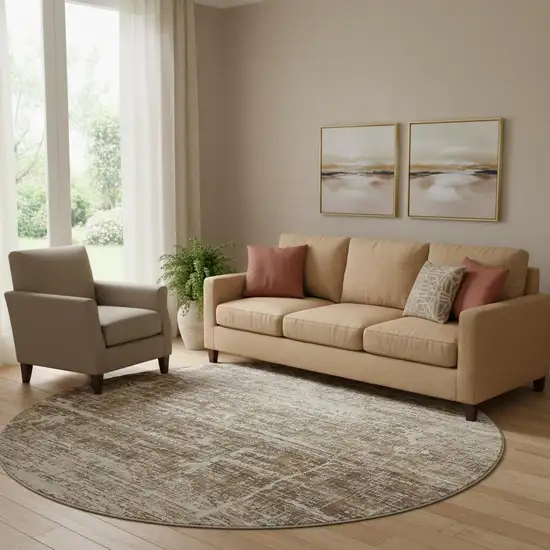 8' Brown And Beige Abstract Washable Round Rug With UV Protection Photo 1
