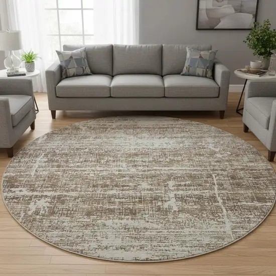 8' Brown And Beige Abstract Washable Round Rug With UV Protection Photo 2