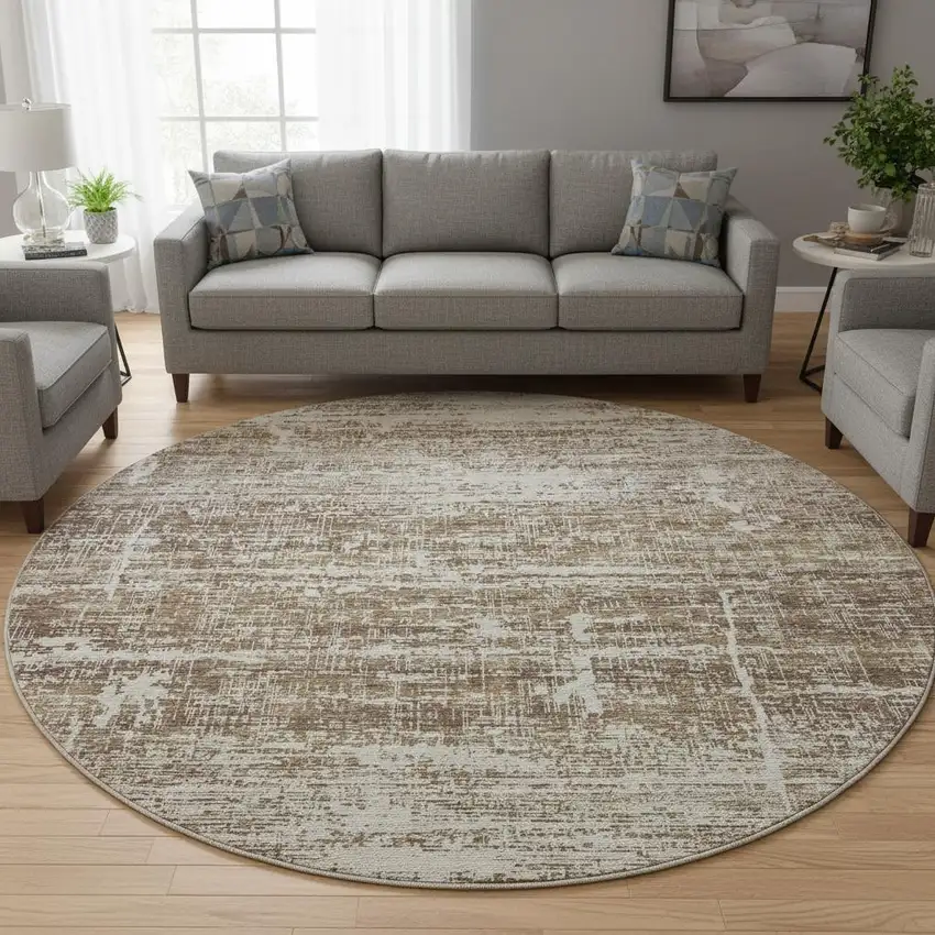 8' Brown And Beige Abstract Washable Round Rug With UV Protection Photo 2