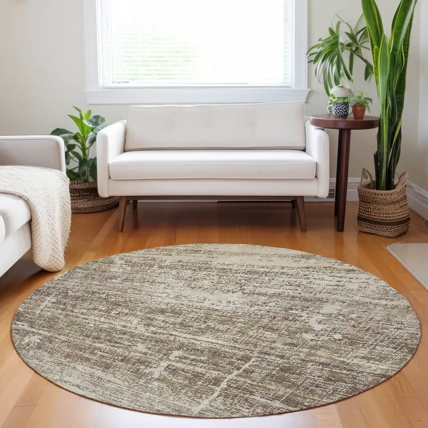 8' Brown And Beige Abstract Washable Round Rug With UV Protection Photo 5
