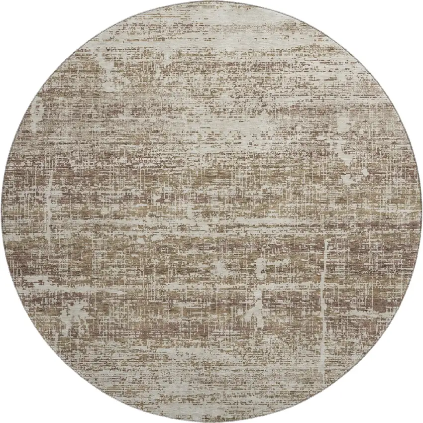 8' Brown And Beige Abstract Washable Round Rug With UV Protection Photo 1
