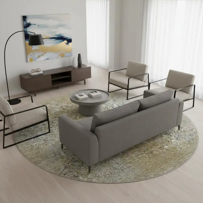 8' Brown And Beige Abstract Washable Round Rug With UV Protection Photo 2