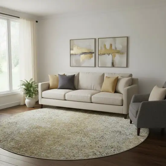 8' Brown And Beige Abstract Washable Round Rug With UV Protection Photo 1