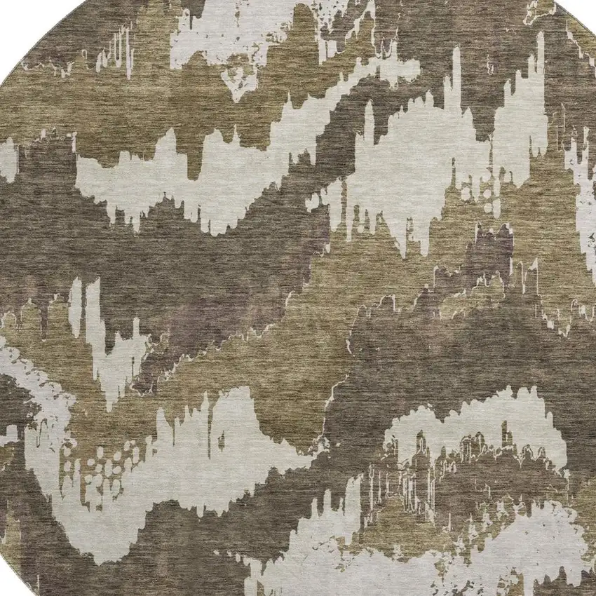 8' Brown And Beige Abstract Washable Round Rug With UV Protection Photo 7