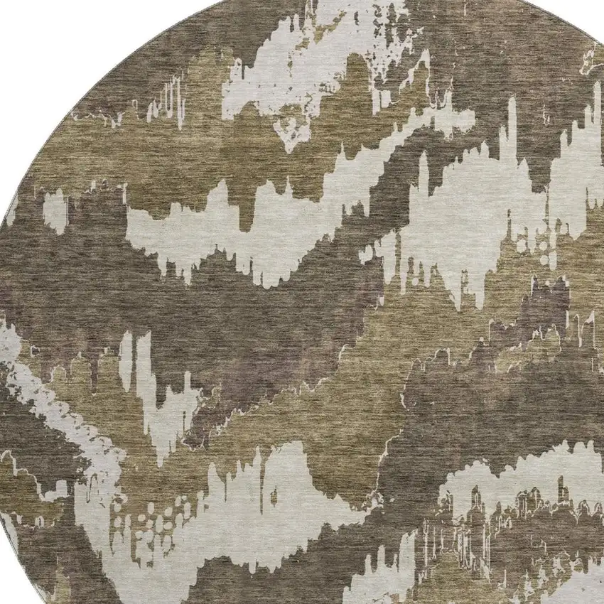 8' Brown And Beige Abstract Washable Round Rug With UV Protection Photo 3