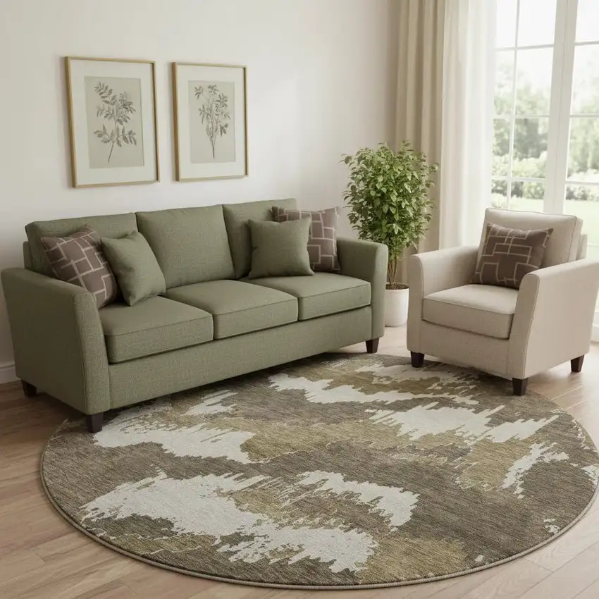 8' Brown And Beige Abstract Washable Round Rug With UV Protection Photo 1