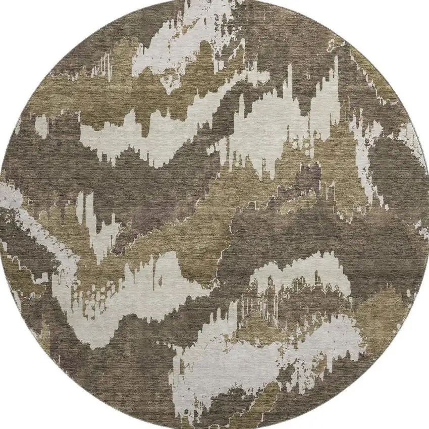 8' Brown And Beige Abstract Washable Round Rug With UV Protection Photo 8