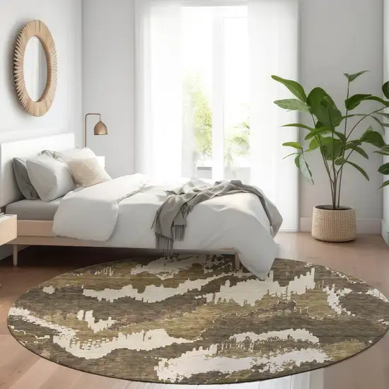 8' Brown And Beige Abstract Washable Round Rug With UV Protection Photo 5