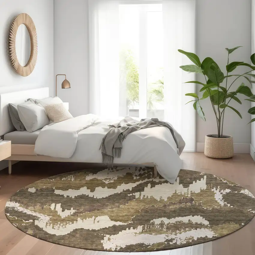 8' Brown And Beige Abstract Washable Round Rug With UV Protection Photo 5