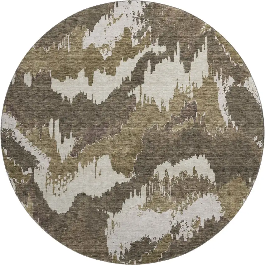 8' Brown And Beige Abstract Washable Round Rug With UV Protection Photo 1