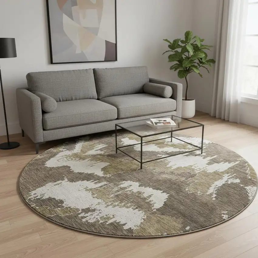 8' Brown And Beige Abstract Washable Round Rug With UV Protection Photo 2