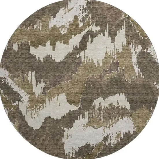 8' Brown And Beige Abstract Washable Round Rug With UV Protection Photo 4