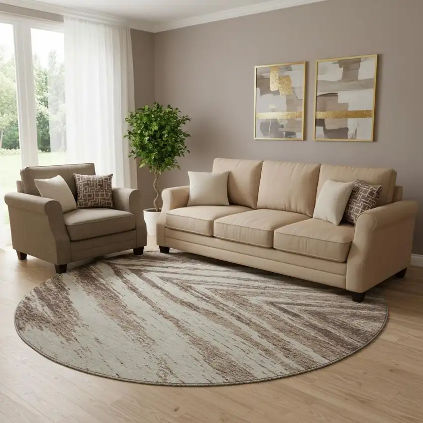 8' Brown And Beige Abstract Washable Round Rug With UV Protection Photo 1