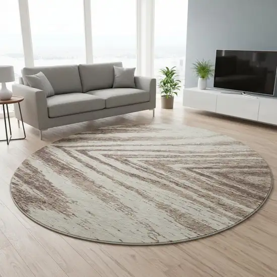8' Brown And Beige Abstract Washable Round Rug With UV Protection Photo 2