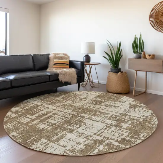 8' Brown And Beige Abstract Washable Round Rug With UV Protection Photo 5