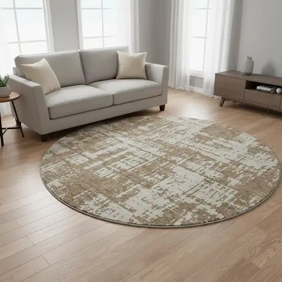 8' Brown And Beige Abstract Washable Round Rug With UV Protection Photo 2
