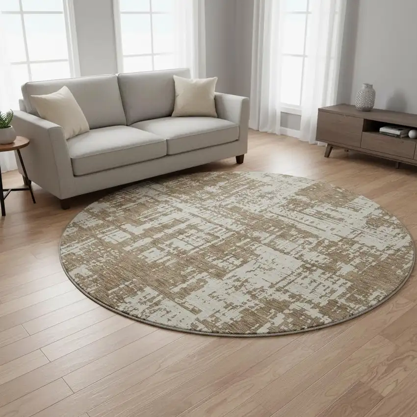 8' Brown And Beige Abstract Washable Round Rug With UV Protection Photo 2