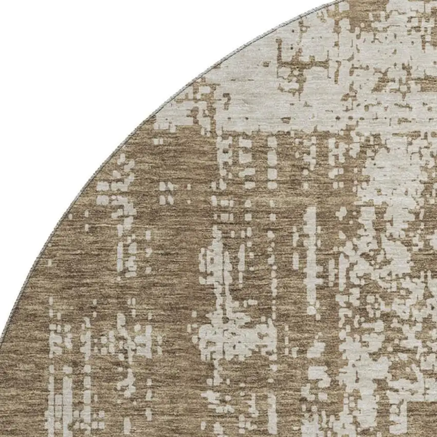 8' Brown And Beige Abstract Washable Round Rug With UV Protection Photo 3