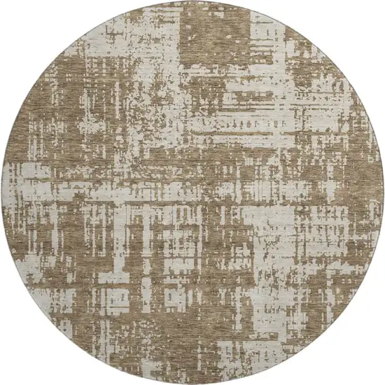 8' Brown And Beige Abstract Washable Round Rug With UV Protection Photo 1