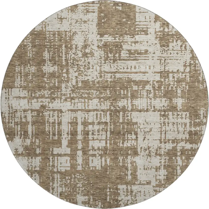 8' Brown And Beige Abstract Washable Round Rug With UV Protection Photo 1