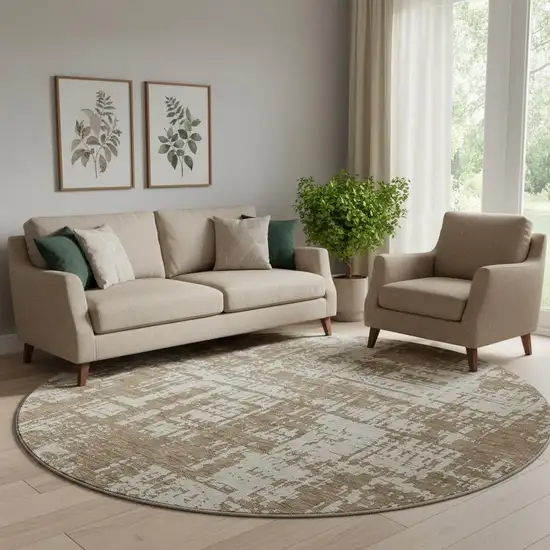 8' Brown And Beige Abstract Washable Round Rug With UV Protection Photo 1