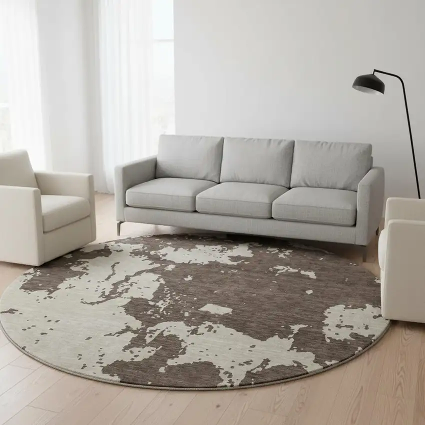 8' Brown And Beige Abstract Washable Round Rug With UV Protection Photo 2