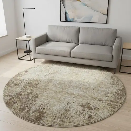 8' Brown And Beige Abstract Washable Round Rug With UV Protection Photo 2