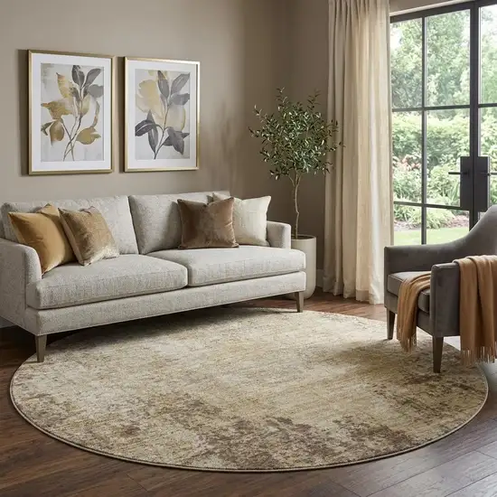 8' Brown And Beige Abstract Washable Round Rug With UV Protection Photo 1