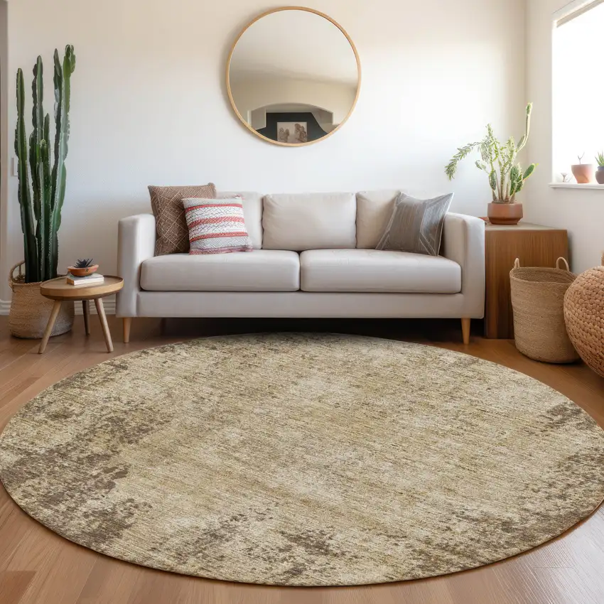 8' Brown And Beige Abstract Washable Round Rug With UV Protection Photo 4