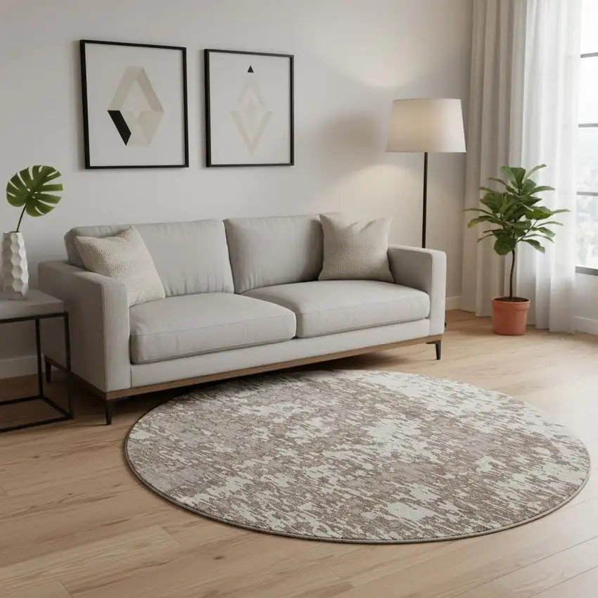 8' Brown And Beige Abstract Washable Round Rug With UV Protection Photo 2