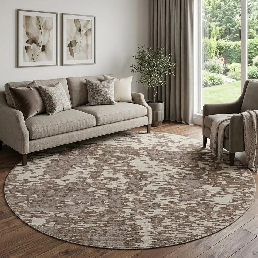 8' Brown And Beige Abstract Washable Round Rug With UV Protection Photo 1